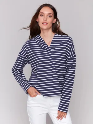 Striped French Terry Hoodie - Navy & White