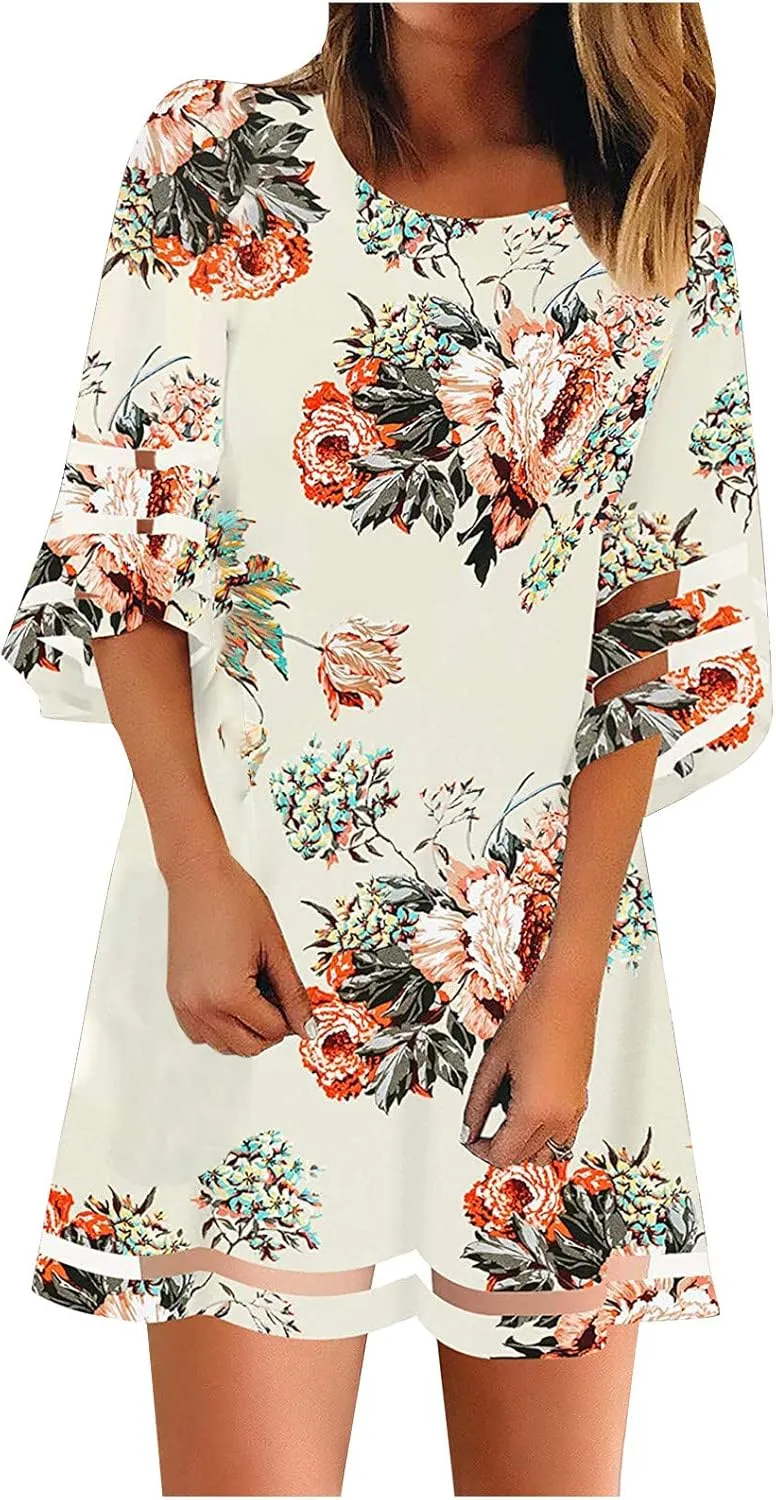 Summer Dresses for Women 3/4 Hollow Sleeve Mini Dress Net Yarn Flared Sleeve Long Tops Casual Midi Dress
