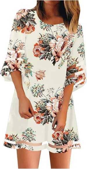 Summer Dresses for Women 3/4 Hollow Sleeve Mini Dress Net Yarn Flared Sleeve Long Tops Casual Midi Dress