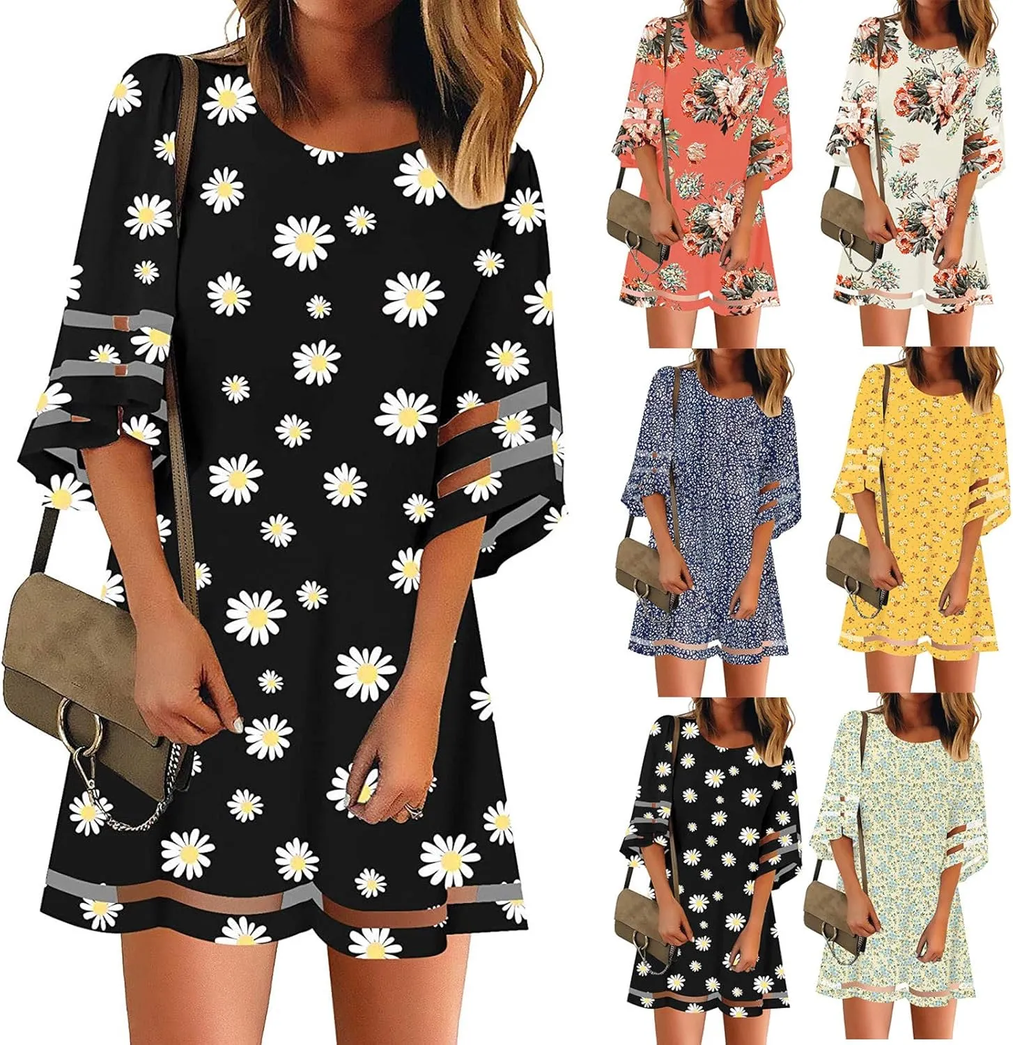 Summer Dresses for Women 3/4 Hollow Sleeve Mini Dress Net Yarn Flared Sleeve Long Tops Casual Midi Dress
