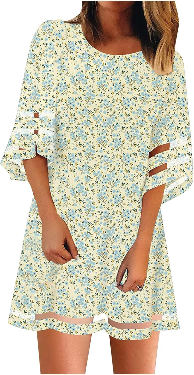 Summer Dresses for Women 3/4 Hollow Sleeve Mini Dress Net Yarn Flared Sleeve Long Tops Casual Midi Dress