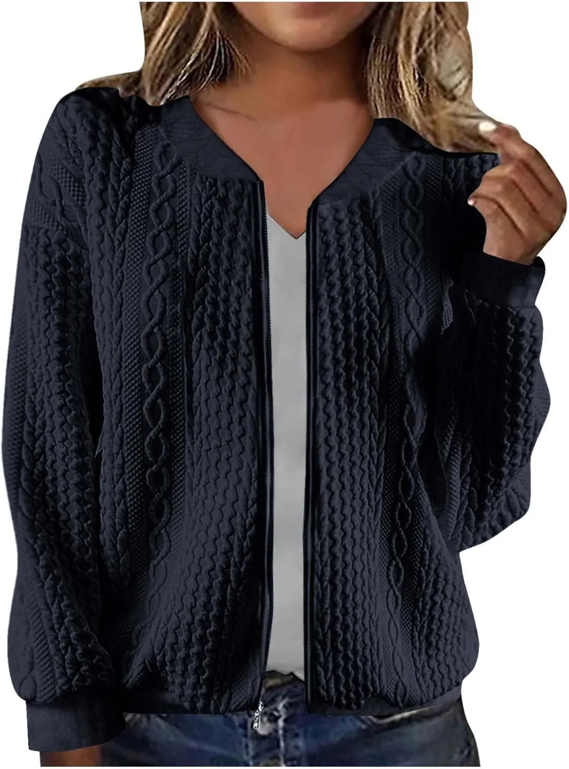 TANGNADE Women's Oversized Zip Up Sweatshirts Sweater Fall Outfits Casual Loose Knit Jackets with Pocket Cardigan Blouse