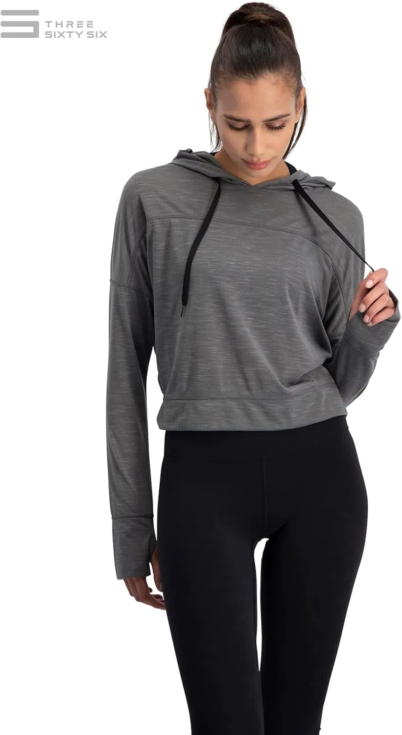 Three Sixty Six Dry Fit Crop Tops for Women - Long Sleeve Crop Top Hoodie - Women's Workout Pullover Top with Thumb Holes