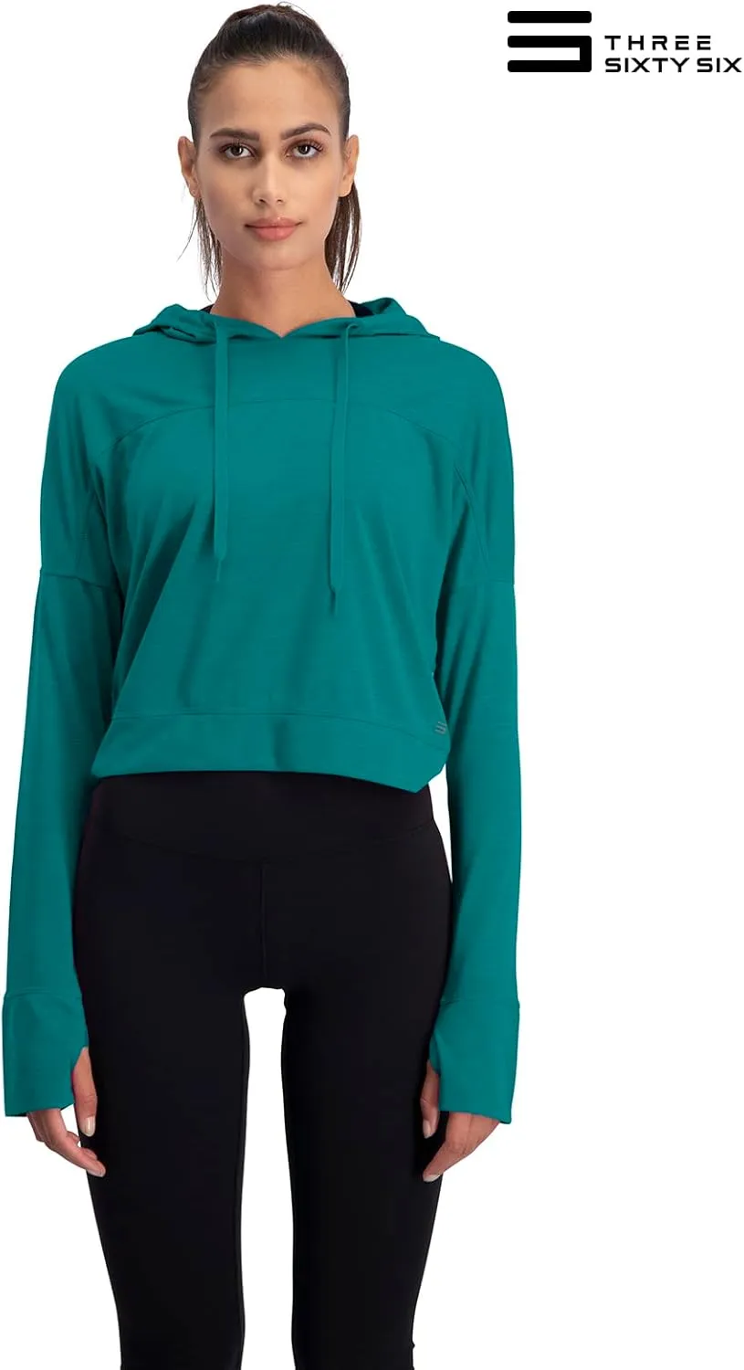 Three Sixty Six Dry Fit Crop Tops for Women - Long Sleeve Crop Top Hoodie - Women's Workout Pullover Top with Thumb Holes