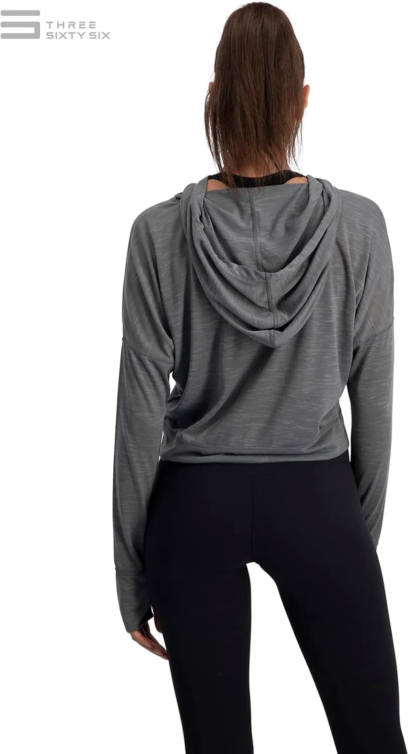 Three Sixty Six Dry Fit Crop Tops for Women - Long Sleeve Crop Top Hoodie - Women's Workout Pullover Top with Thumb Holes