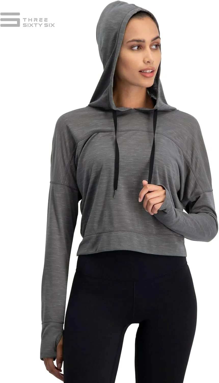 Three Sixty Six Dry Fit Crop Tops for Women - Long Sleeve Crop Top Hoodie - Women's Workout Pullover Top with Thumb Holes