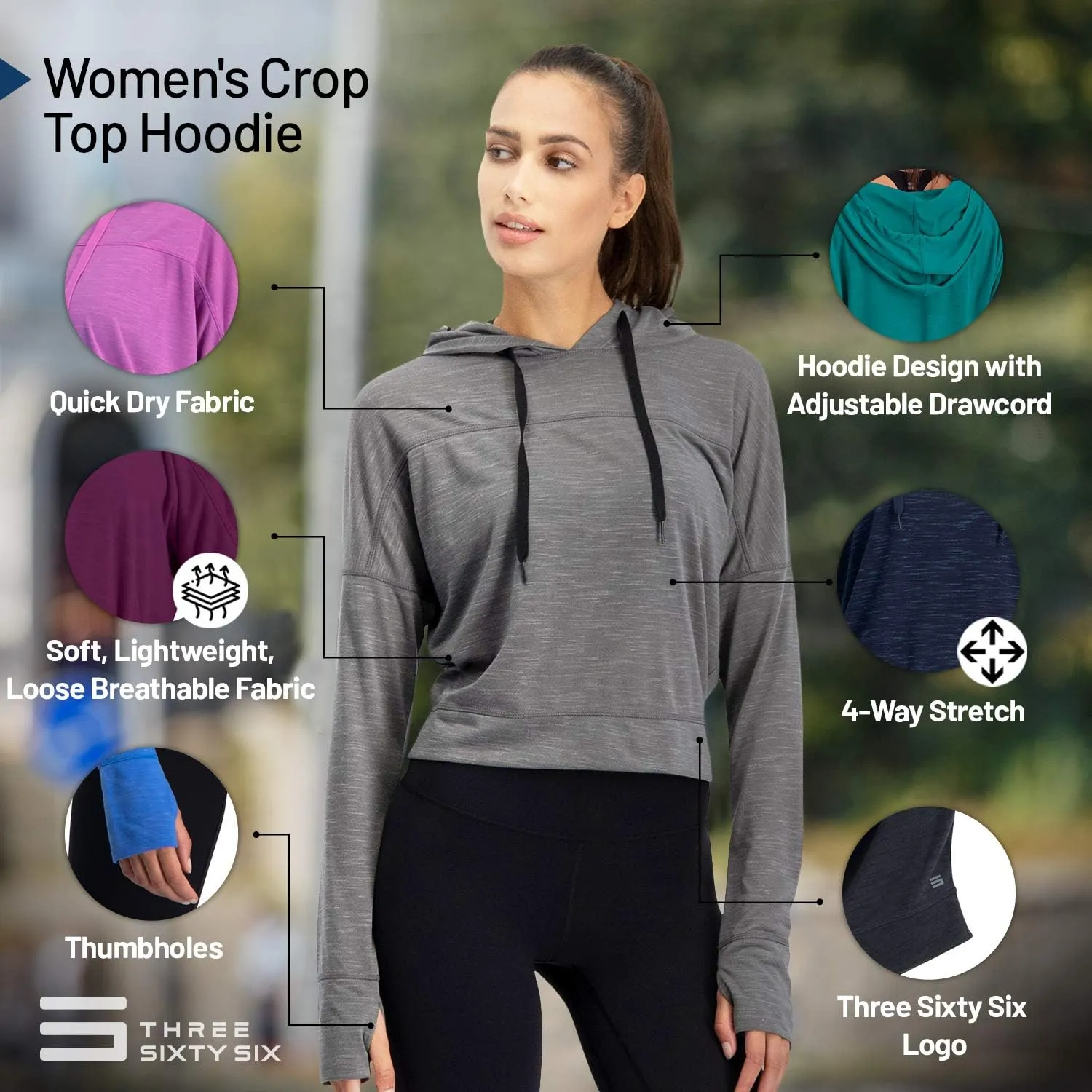 Three Sixty Six Dry Fit Crop Tops for Women - Long Sleeve Crop Top Hoodie - Women's Workout Pullover Top with Thumb Holes