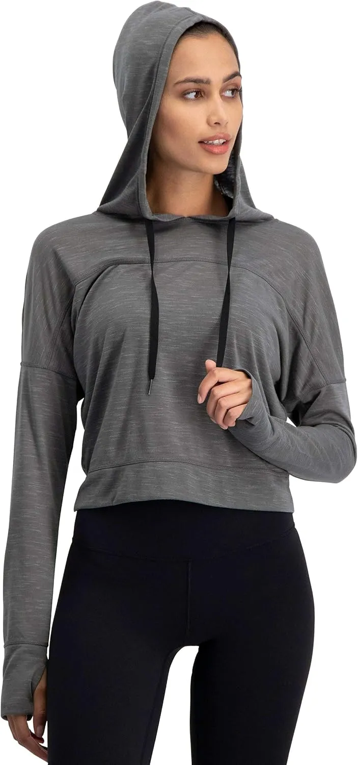 Three Sixty Six Dry Fit Crop Tops for Women - Long Sleeve Crop Top Hoodie - Women's Workout Pullover Top with Thumb Holes