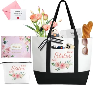 TRSODD Mothers Day Gifts for Sister Friends Birthday Gifts for Her Canvas Large Tote Bag for Women and Makeup Bag