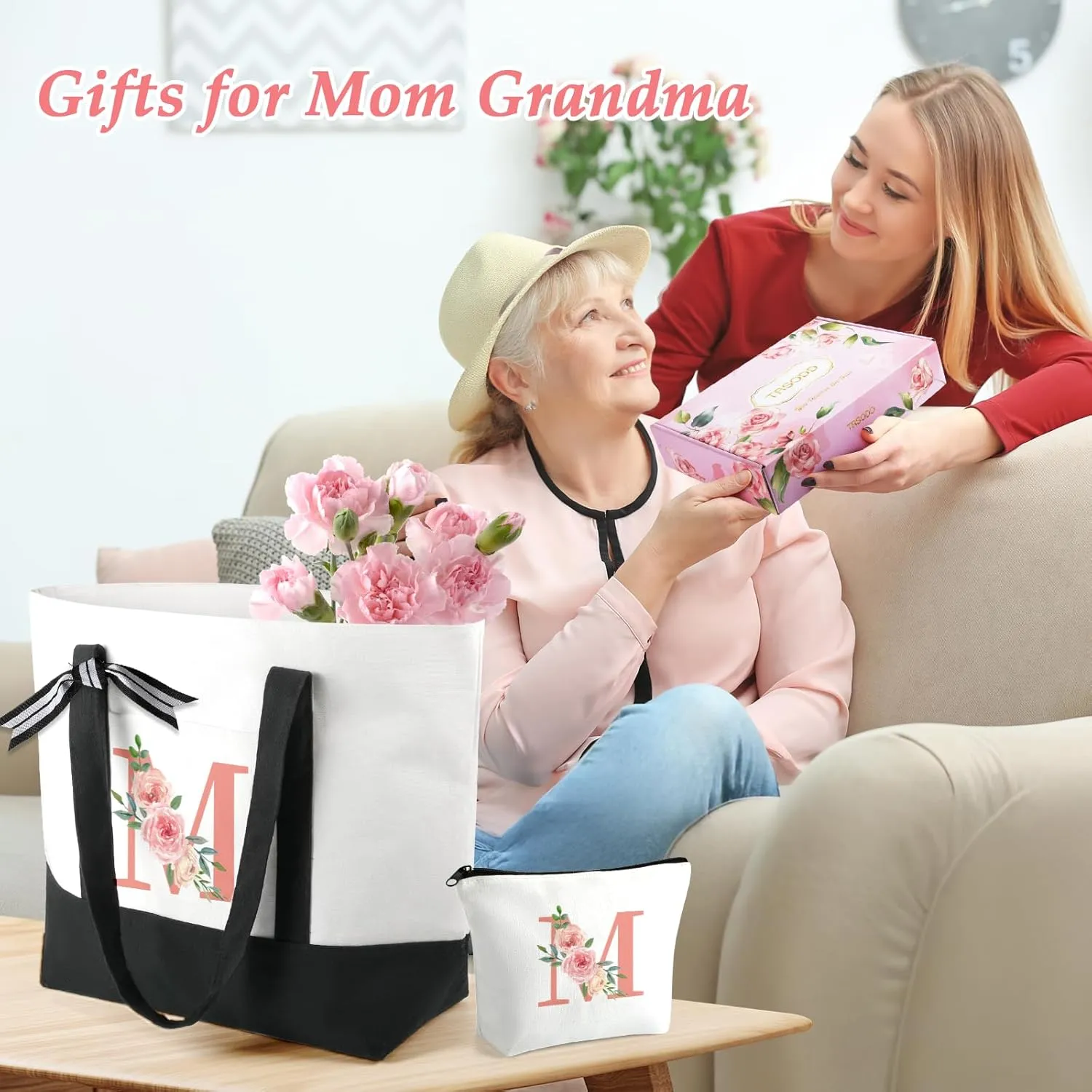 TRSODD Mothers Day Gifts for Sister Friends Birthday Gifts for Her Canvas Large Tote Bag for Women and Makeup Bag