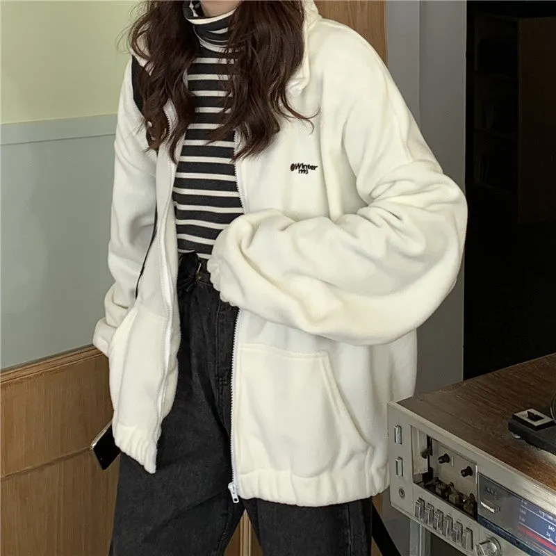 Unisex Fluffy Fleece Jacket – Winter Warm Oversized Embroidered Hoodies