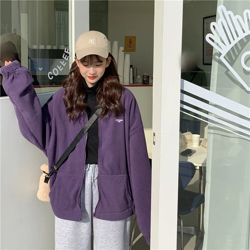 Unisex Fluffy Fleece Jacket – Winter Warm Oversized Embroidered Hoodies