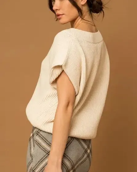 V-Neck Power Shoulder Sweater Vest - Cream