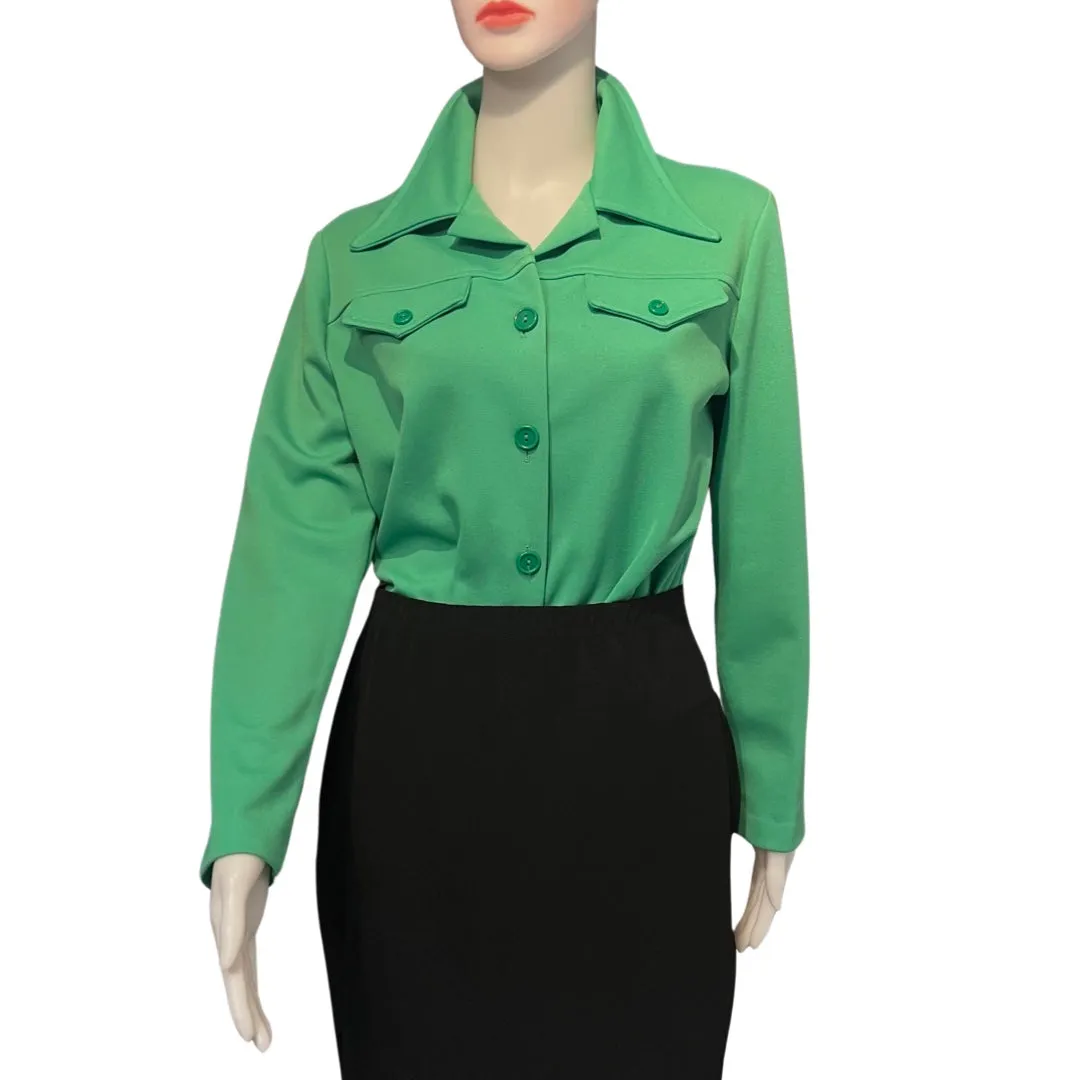 Vintage 1970s Green Polyester Button Down Blouse
