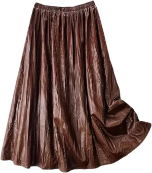 Vintage Soft Faux Leather Skirt Women Elastic High Waist Midi Long PU Skirt Autumn Winter Elegant Pleated Skirt