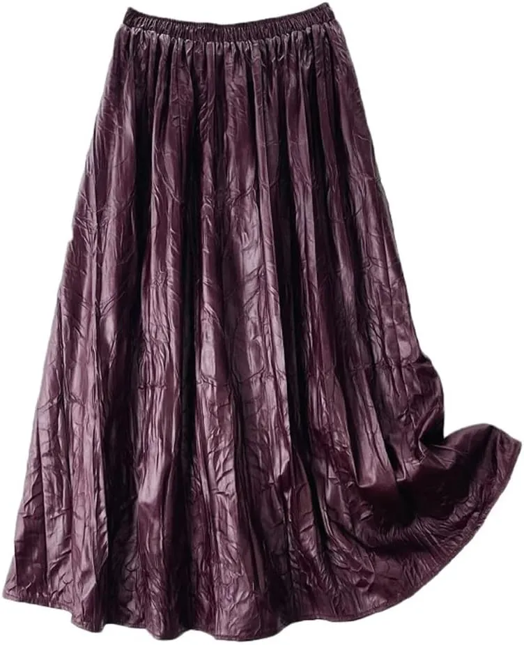 Vintage Soft Faux Leather Skirt Women Elastic High Waist Midi Long PU Skirt Autumn Winter Elegant Pleated Skirt