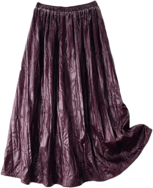 Vintage Soft Faux Leather Skirt Women Elastic High Waist Midi Long PU Skirt Autumn Winter Elegant Pleated Skirt