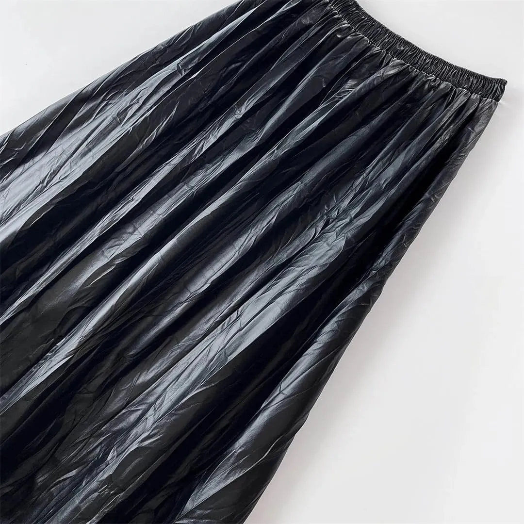 Vintage Soft Faux Leather Skirt Women Elastic High Waist Midi Long PU Skirt Autumn Winter Elegant Pleated Skirt