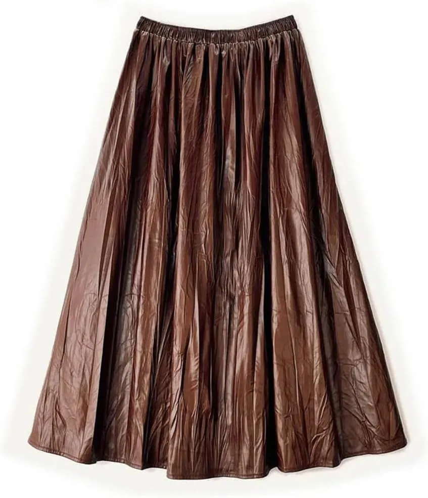 Vintage Soft Faux Leather Skirt Women Elastic High Waist Midi Long PU Skirt Autumn Winter Elegant Pleated Skirt