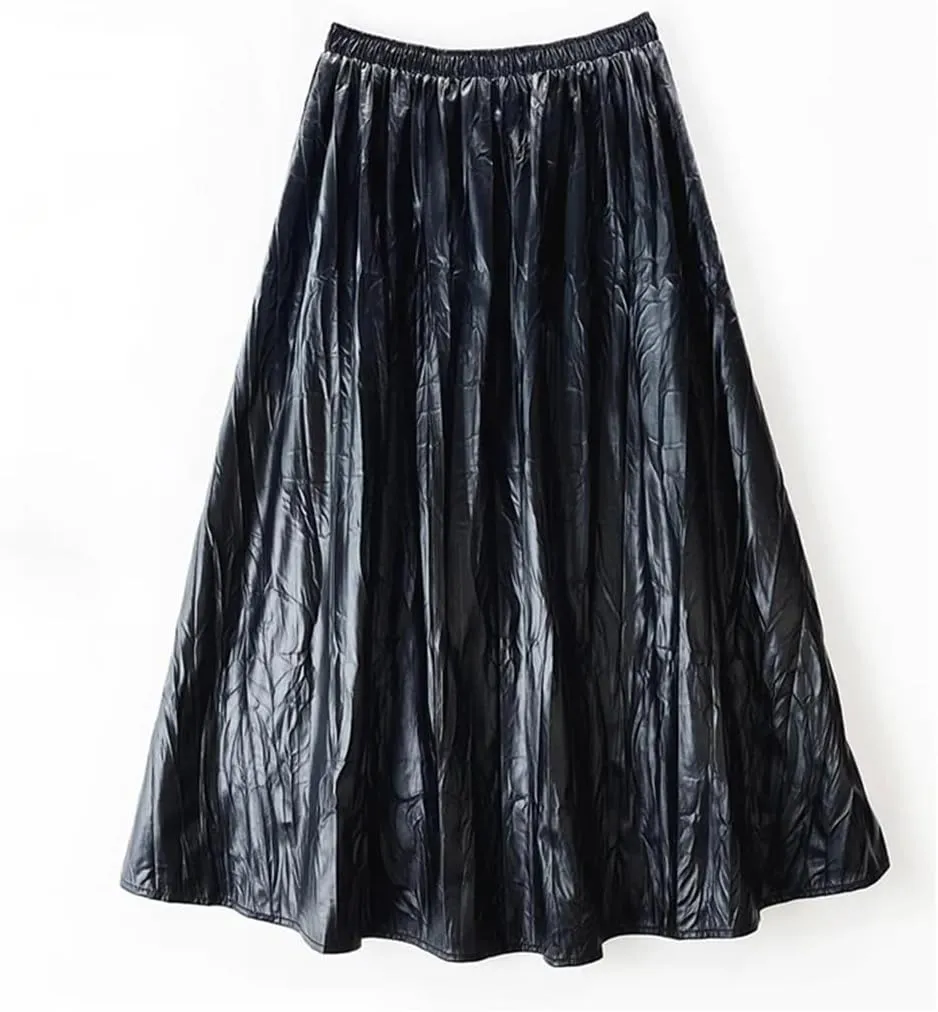 Vintage Soft Faux Leather Skirt Women Elastic High Waist Midi Long PU Skirt Autumn Winter Elegant Pleated Skirt