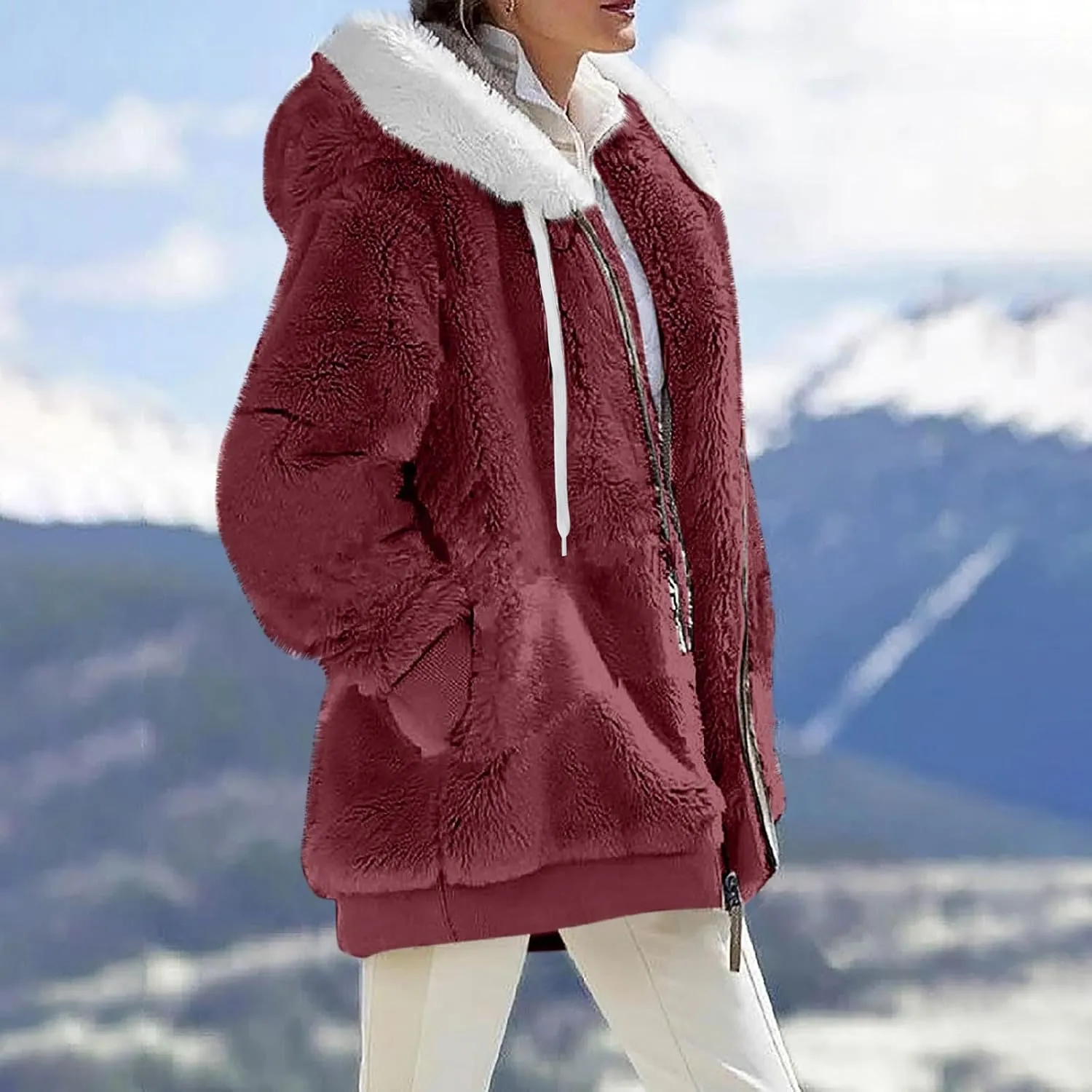 Winter Coats for Women 2024 Long Sleeve Faux Fur Fleece Jacket Zipper Plus Size Hooded Fuzzy Outerwear With Pockets