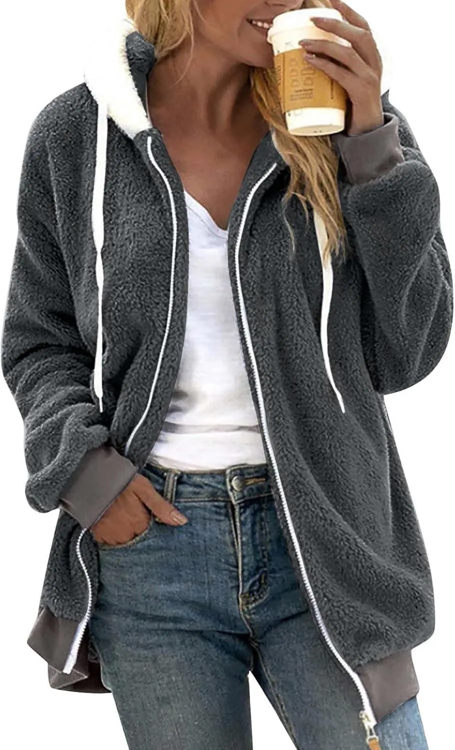 Winter Coats for Women 2024 Long Sleeve Faux Fur Fleece Jacket Zipper Plus Size Hooded Fuzzy Outerwear With Pockets