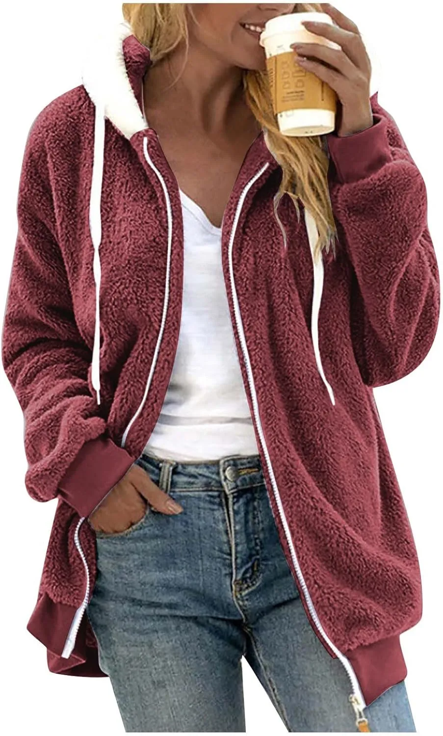 Winter Coats for Women 2024 Long Sleeve Faux Fur Fleece Jacket Zipper Plus Size Hooded Fuzzy Outerwear With Pockets