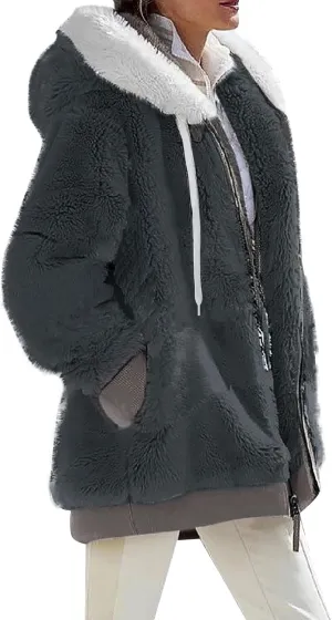 Winter Coats for Women 2024 Long Sleeve Faux Fur Fleece Jacket Zipper Plus Size Hooded Fuzzy Outerwear With Pockets