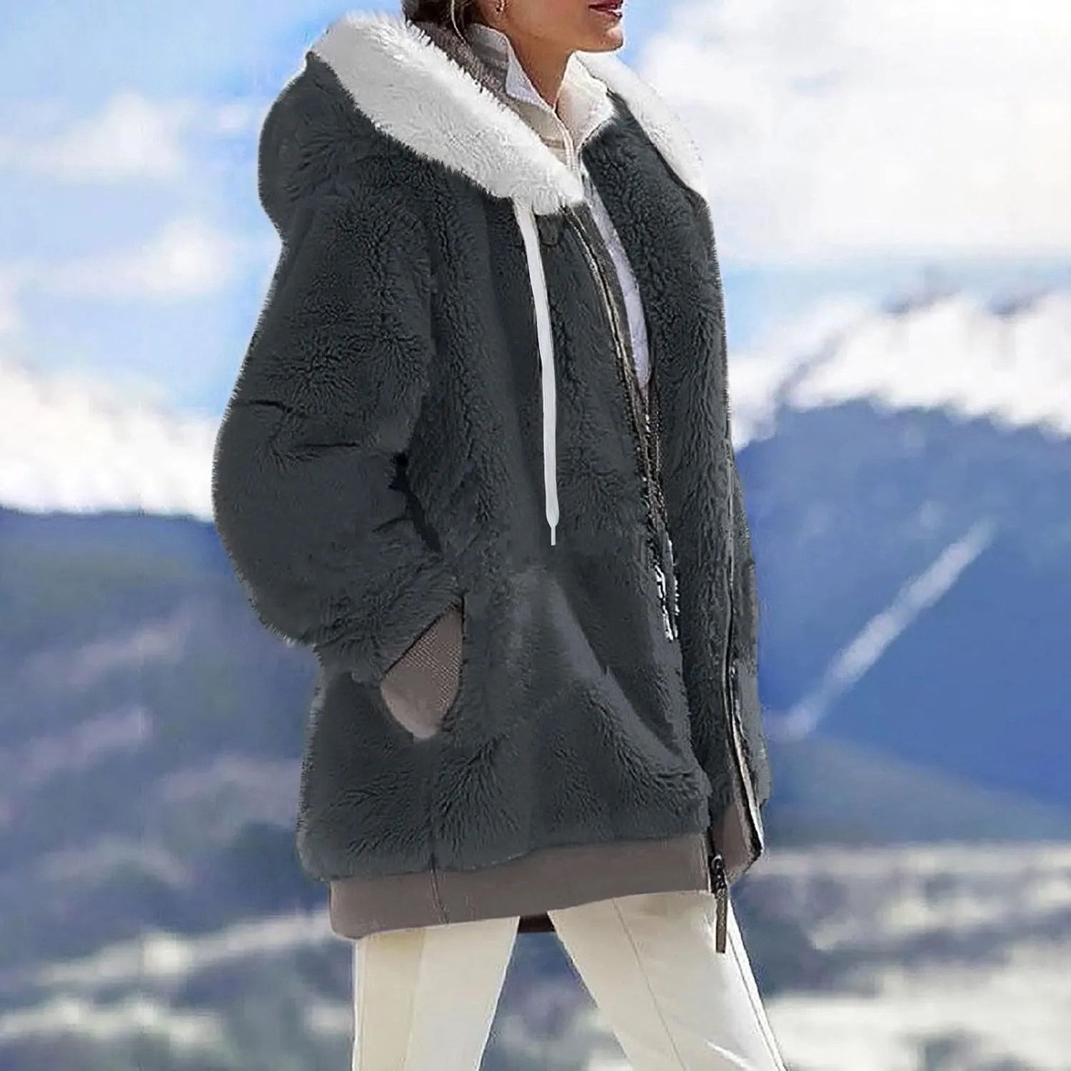 Winter Coats for Women 2024 Long Sleeve Faux Fur Fleece Jacket Zipper Plus Size Hooded Fuzzy Outerwear With Pockets