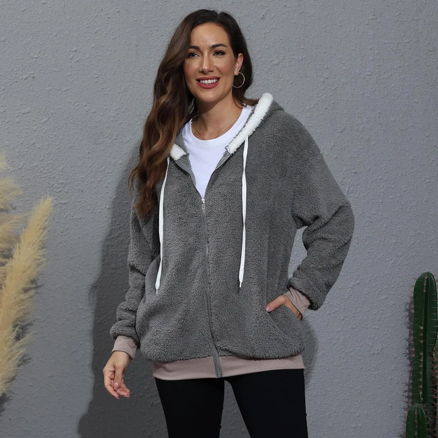 Winter Coats for Women 2024 Long Sleeve Faux Fur Fleece Jacket Zipper Plus Size Hooded Fuzzy Outerwear With Pockets