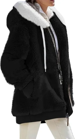 Winter Coats for Women 2024 Long Sleeve Faux Fur Fleece Jacket Zipper Plus Size Hooded Fuzzy Outerwear With Pockets