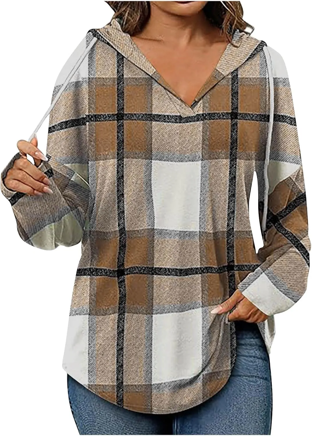 Women 2024 Hoodies Long Sleeve Drawstring Plaid Hooded Pullover Sweaters Causl Loose Tunic Tops Fashion Clothes ladies clothes clearancee sale Khaki S