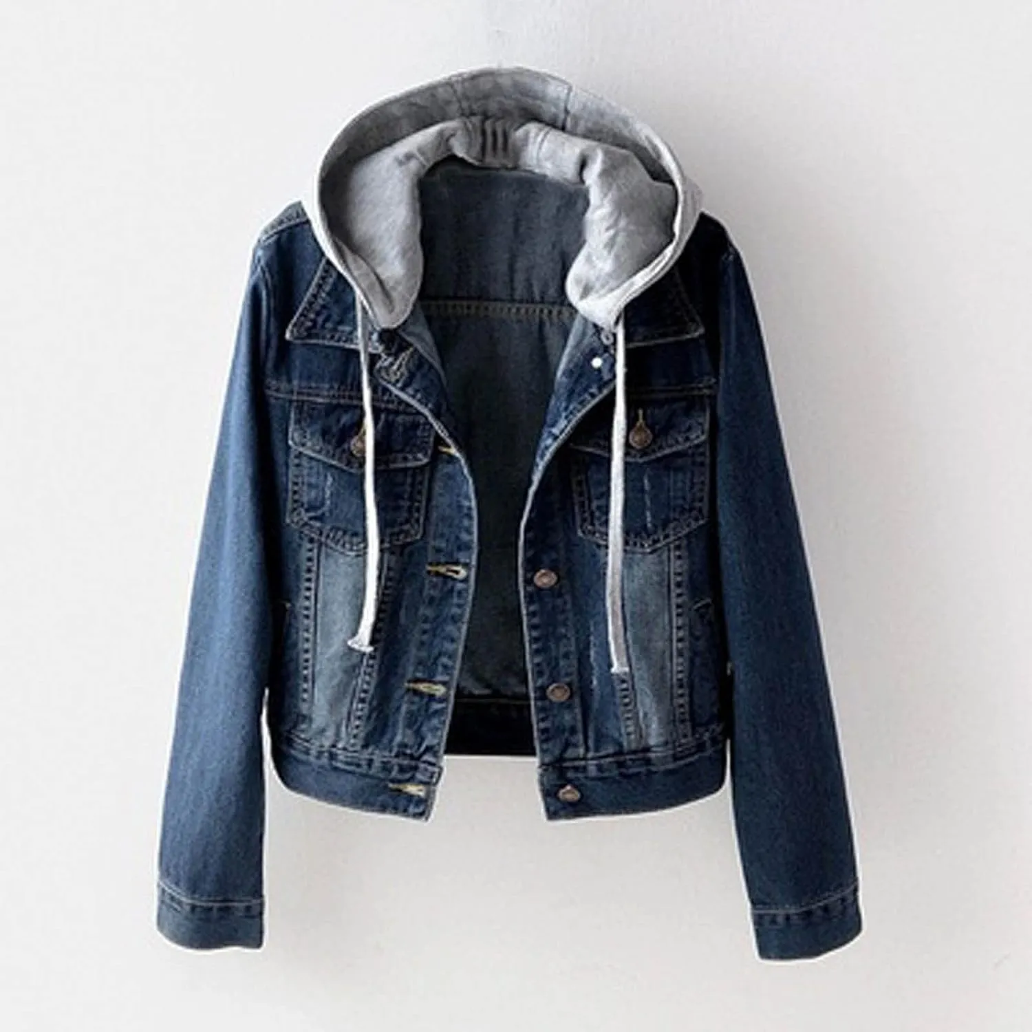 Women Denim Jacket with Hood Jean Coats Fashion Hoodies Button Down Long Sleeve Cute Outerwear Jacket