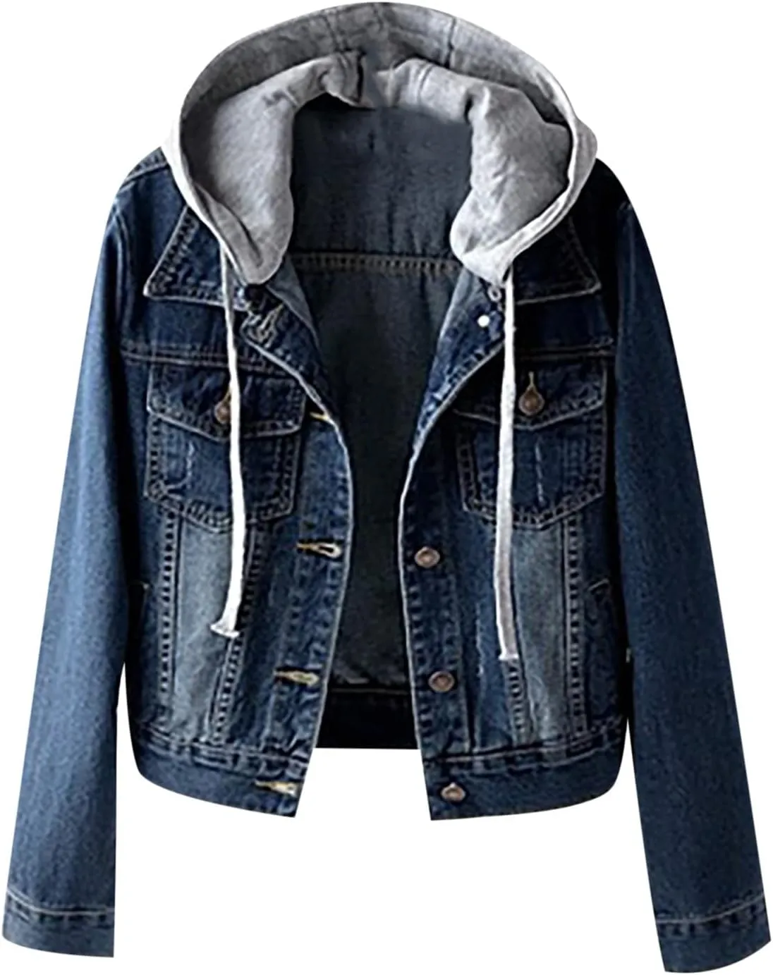 Women Denim Jacket with Hood Jean Coats Fashion Hoodies Button Down Long Sleeve Cute Outerwear Jacket