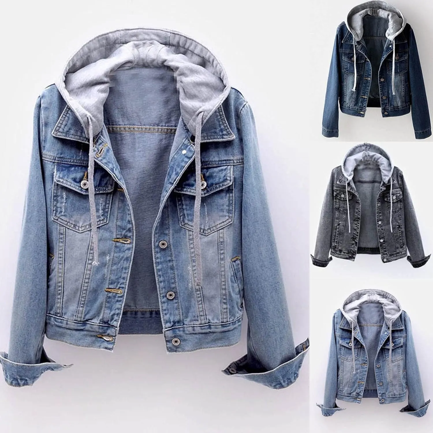 Women Denim Jacket with Hood Jean Coats Fashion Hoodies Button Down Long Sleeve Cute Outerwear Jacket