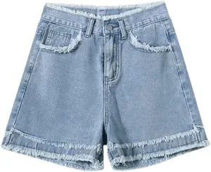Women Denim Shorts Embroidery High Waisted Wide Leg A-Line Pants