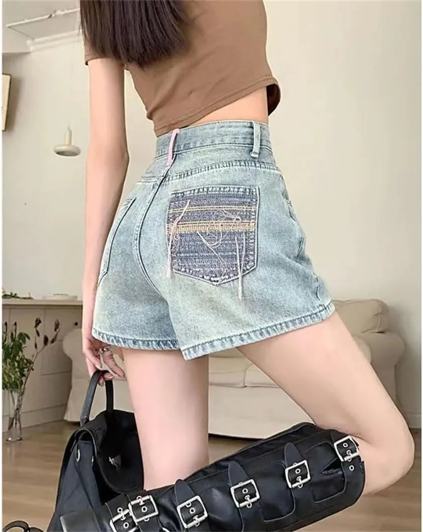 Women Denim Shorts Embroidery High Waisted Wide Leg A-Line Pants