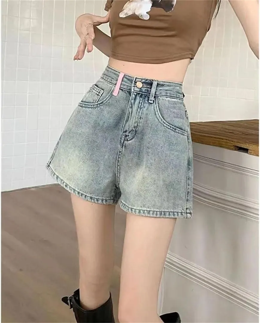 Women Denim Shorts Embroidery High Waisted Wide Leg A-Line Pants