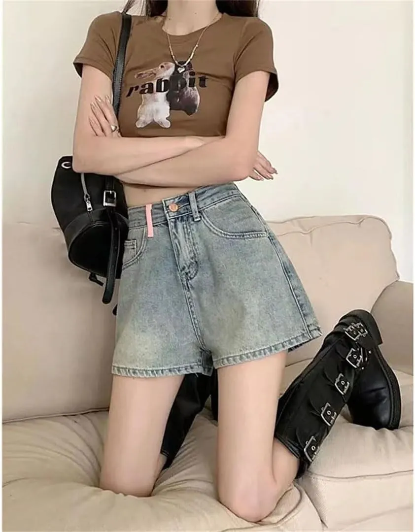 Women Denim Shorts Embroidery High Waisted Wide Leg A-Line Pants