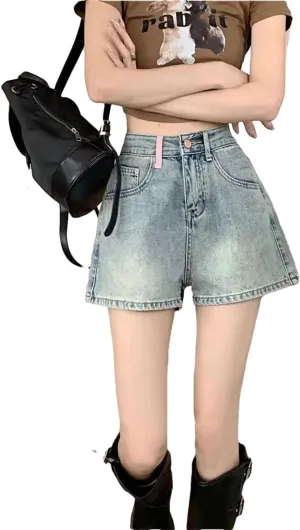 Women Denim Shorts Embroidery High Waisted Wide Leg A-Line Pants