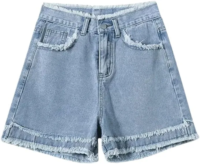 Women Denim Shorts Embroidery High Waisted Wide Leg A-Line Pants
