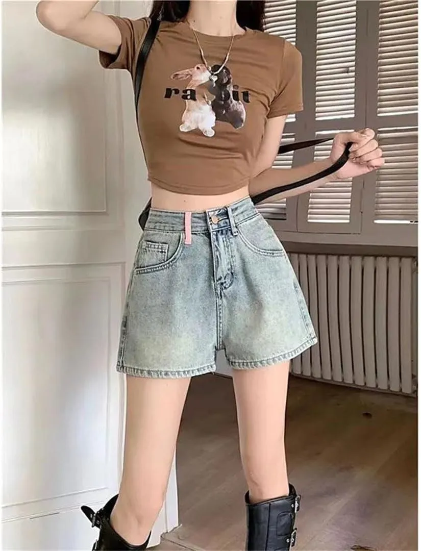 Women Denim Shorts Embroidery High Waisted Wide Leg A-Line Pants