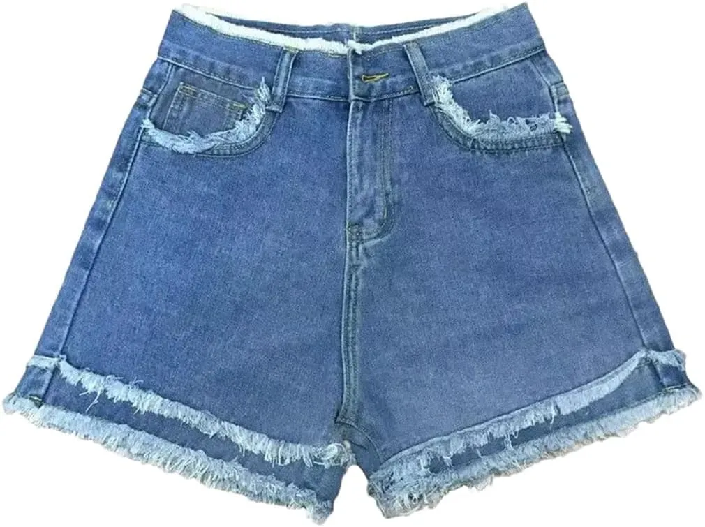 Women Denim Shorts Embroidery High Waisted Wide Leg A-Line Pants