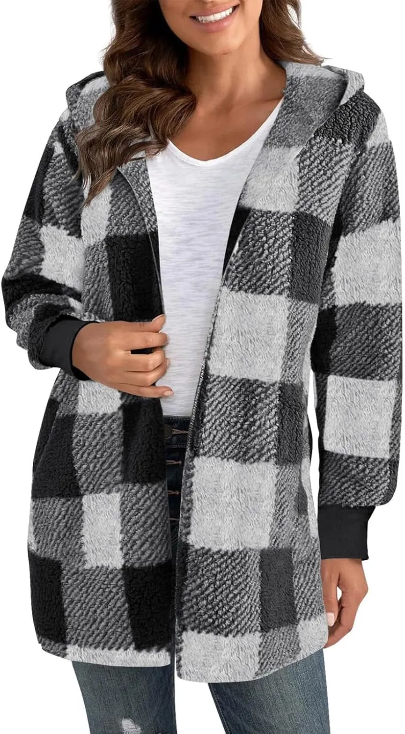 Women Fleece Jacket Fall Plaid Sherpa Jacket Open Front Flannel Hooded Cardigan Teddy Bear Coat with Pocket Outerwear