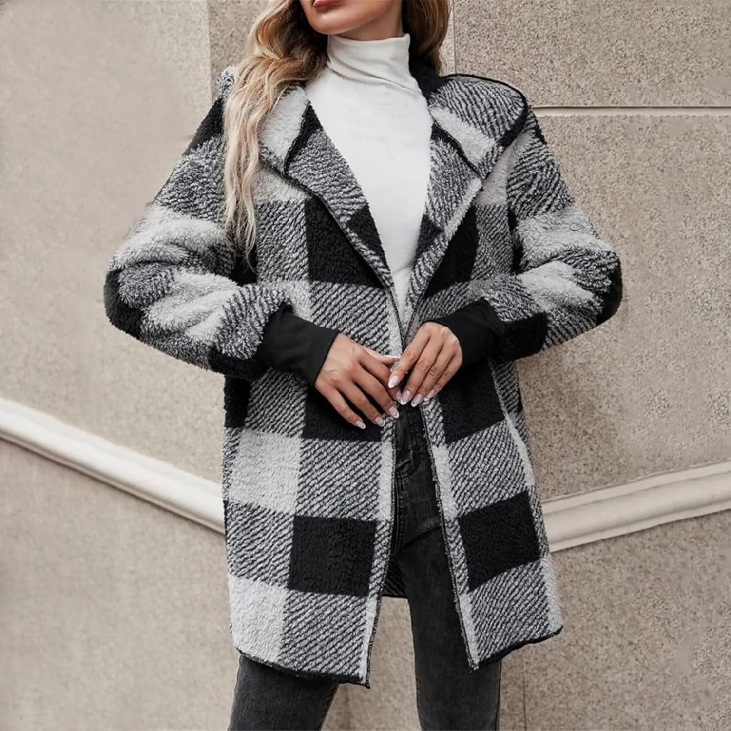 Women Fleece Jacket Fall Plaid Sherpa Jacket Open Front Flannel Hooded Cardigan Teddy Bear Coat with Pocket Outerwear