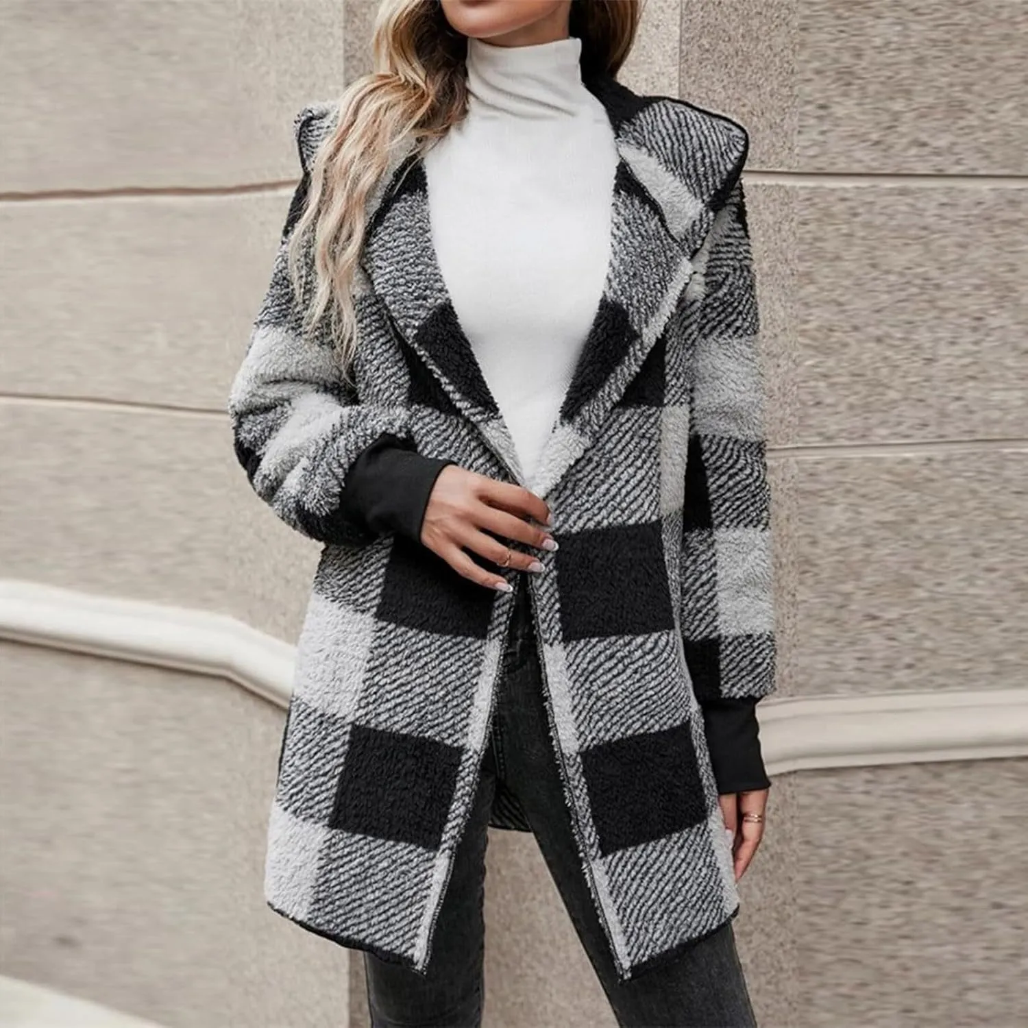 Women Fleece Jacket Fall Plaid Sherpa Jacket Open Front Flannel Hooded Cardigan Teddy Bear Coat with Pocket Outerwear