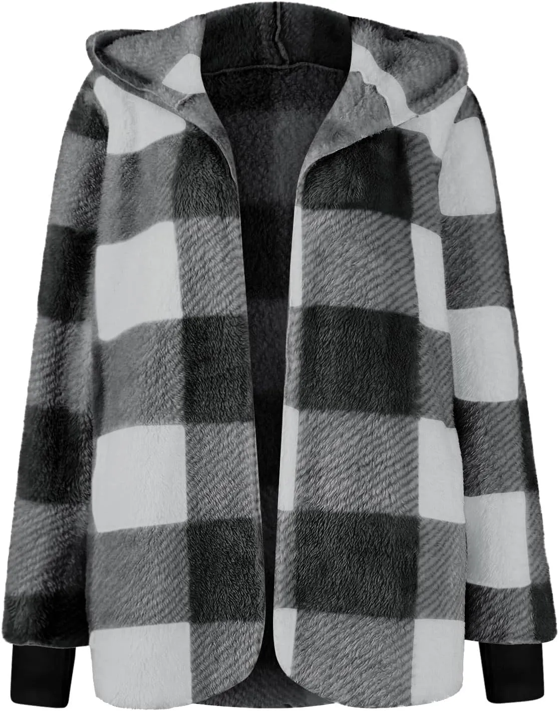 Women Fleece Jacket Fall Plaid Sherpa Jacket Open Front Flannel Hooded Cardigan Teddy Bear Coat with Pocket Outerwear