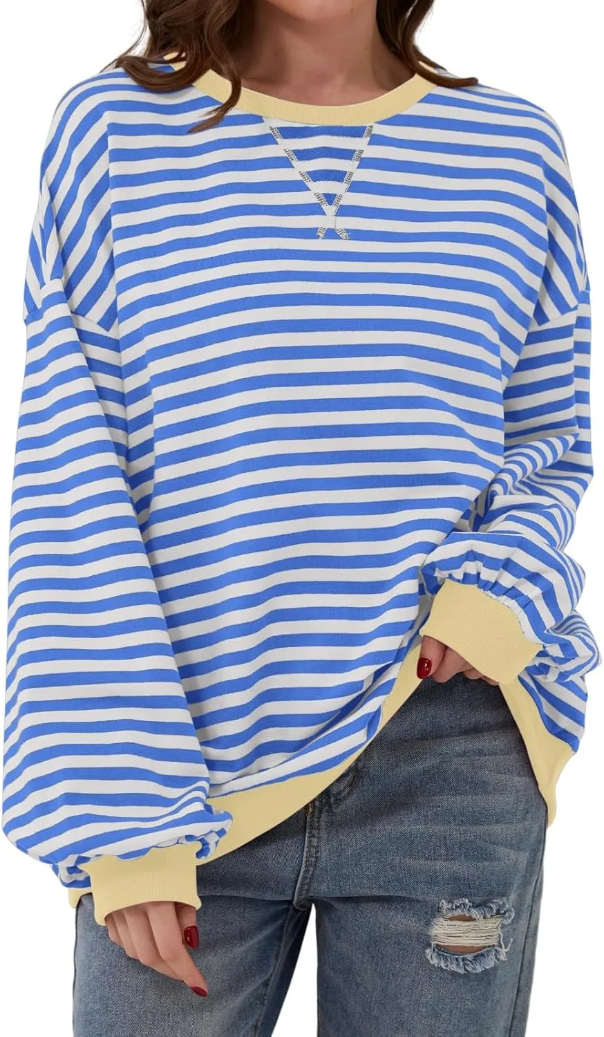Women Free Crew Neck Sweatshirts Women Classic Striped Oversized Crewneck Long Sleeve Casual Sweatshirt Loose