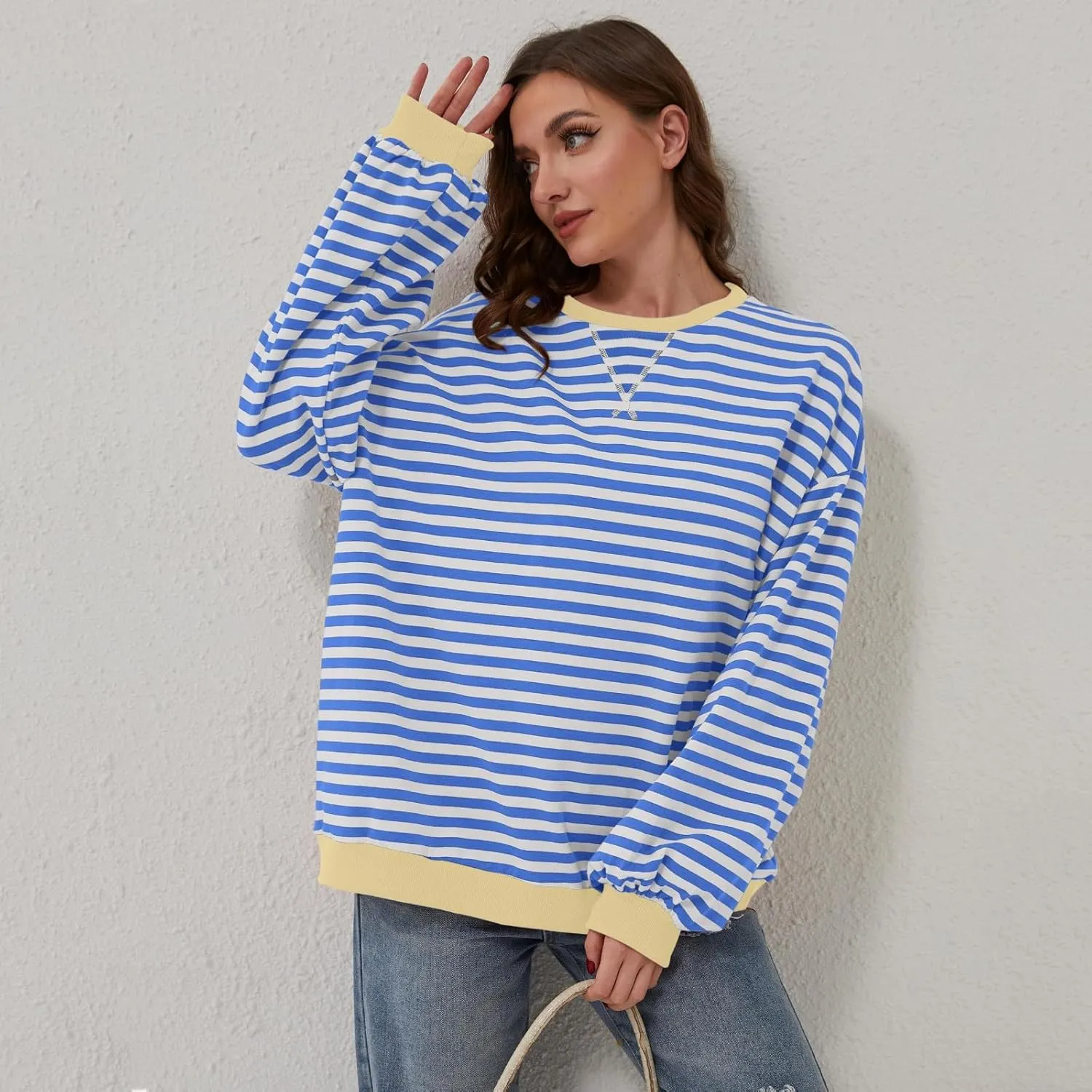 Women Free Crew Neck Sweatshirts Women Classic Striped Oversized Crewneck Long Sleeve Casual Sweatshirt Loose