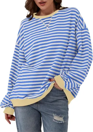 Women Free Crew Neck Sweatshirts Women Classic Striped Oversized Crewneck Long Sleeve Casual Sweatshirt Loose